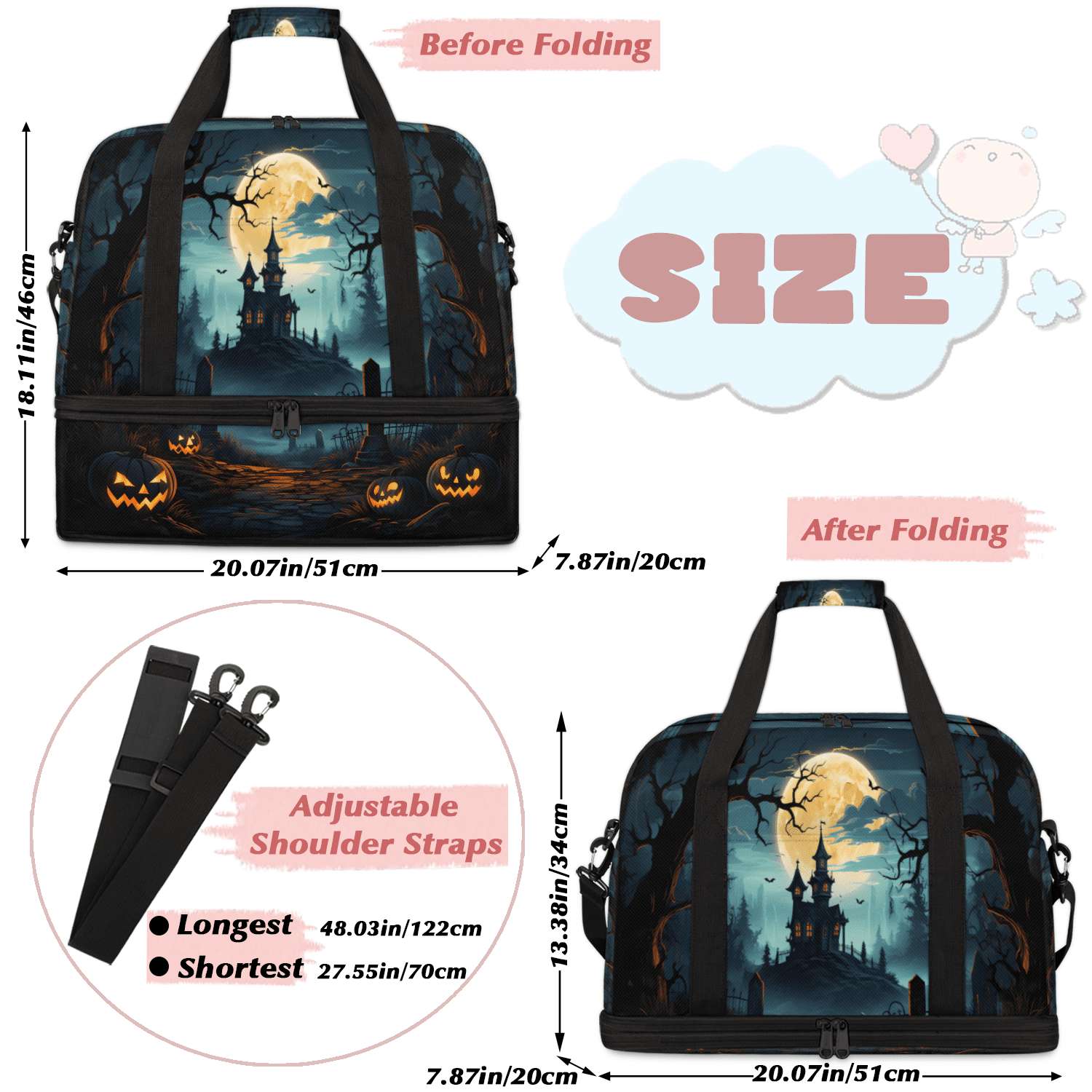 Herdesigns Halloween Foldable Travel Duffle Bag for Women and Men Lightweight Carry On Overnight Bag Halloween Castle Gym Luggage Weekender Bags with Shoe Compartment