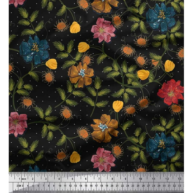 Soimoi Poly Georgette Fabric Dot,Leaves & Flower Print Fabric by The Yards 42 Inch Wide