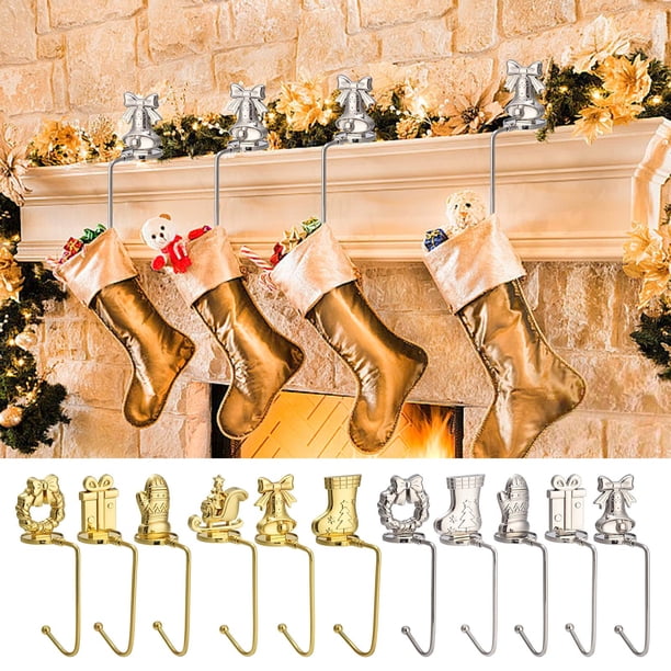 Gancho metálico para medias navideñas para repisa de chimenea - Perchas de aleación resistentes, para 8,8 libras, ajustables para repisas gruesas o finas, sin necesidad de clavos (1 paquete)