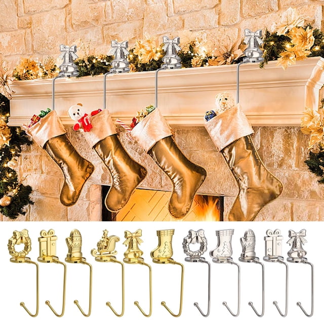 Gancho metálico para medias navideñas para repisa de chimenea - Perchas de aleación resistentes, para 8,8 libras, ajustables para repisas gruesas o finas, sin necesidad de clavos (1 paquete)