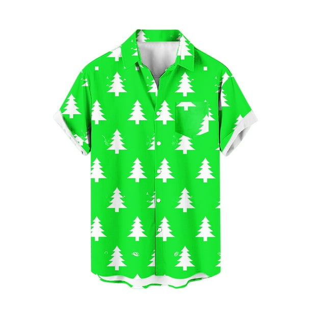 Mens Manga Corta Botón Abajo Camisas, Navidad Impreso Turndown Cuello Blusa, Top de Moda Casual