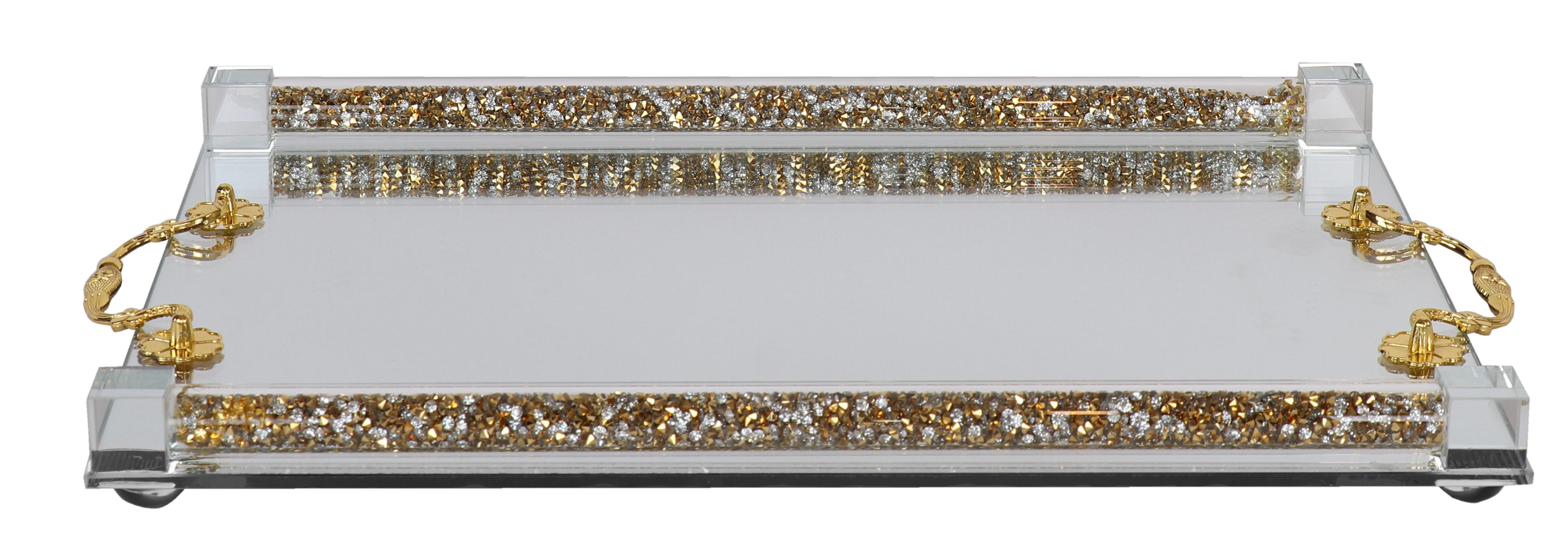 AmJudaica & Gifts Crystal Mirror Tray Gold Handles Small 8x12
