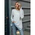 thumbnail image 2 of Womens Casual Striped Long Sleeve Shirt Trendy Crew Neck Slim Loose Fit Basic Blouses Tops Light Gray&White XXL, 2 of 8