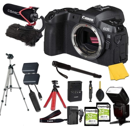 Canon EOS R Mirrorless Digital Camera (Body Only) + Pro Accessory kit (Microphone w/Windshield  Tripods  Flashlight  Memory Cards and More)