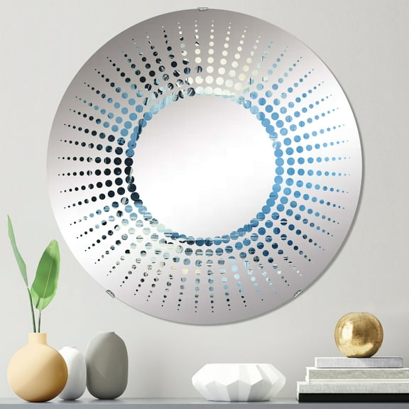 Designart "Tropical Palms: Blue & Grey Collage III" Coastal Starburst Round Wall Mirror - Coastal Oval Printed Decorative Mirror - Multiple Color Options