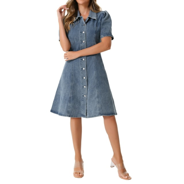 INSPIRAR CHIC Vestido de Mezclilla para Mujer con Manga Corta Abullonada, Cuello de Solapa, Cierre de Botón, Vestido Midi L Gris Azul