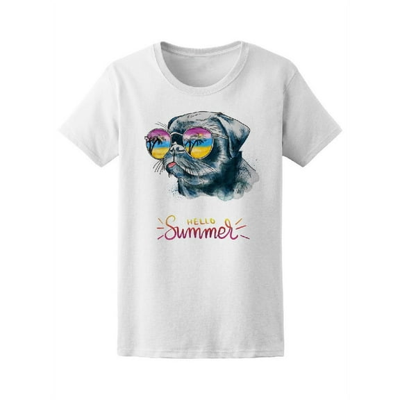 Hello Summer Pug Glasses T-Shirt Women -Image by Shutterstock, Female x-Large