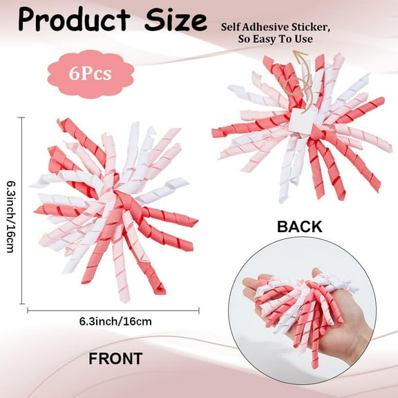 6Pcs 6" Pink Grosgrain Curly Ribbon Bow for Wrapping Burst Twist Tie Self Adhesive Gift Stick on Bows for Basket Wedding Birthday Party Favor Christmas Thanksgiving Day Holiday Decoration