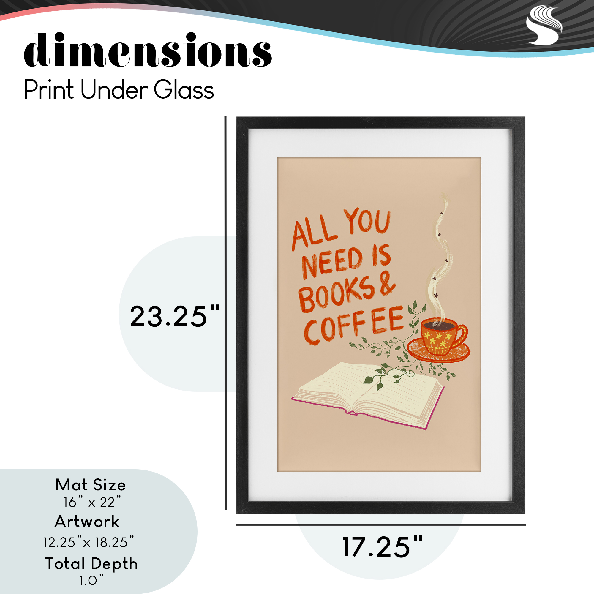 Need Books & Coffee Black Framed Print Under Glass, design by Florentina Dolci