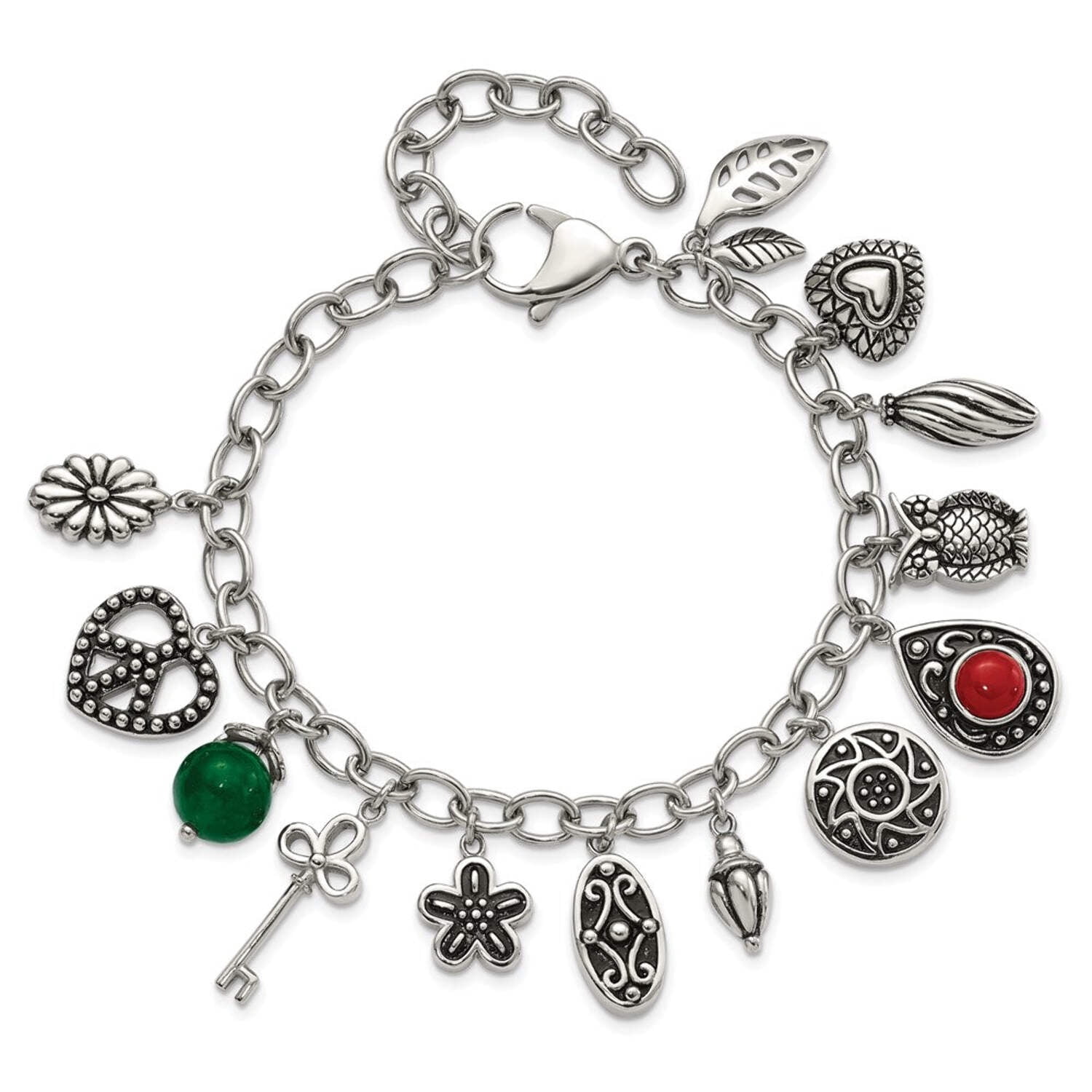 Chisel Stainless Steel Synthetic Jade and Red Glass with 2in Ext. Charm Bracelet