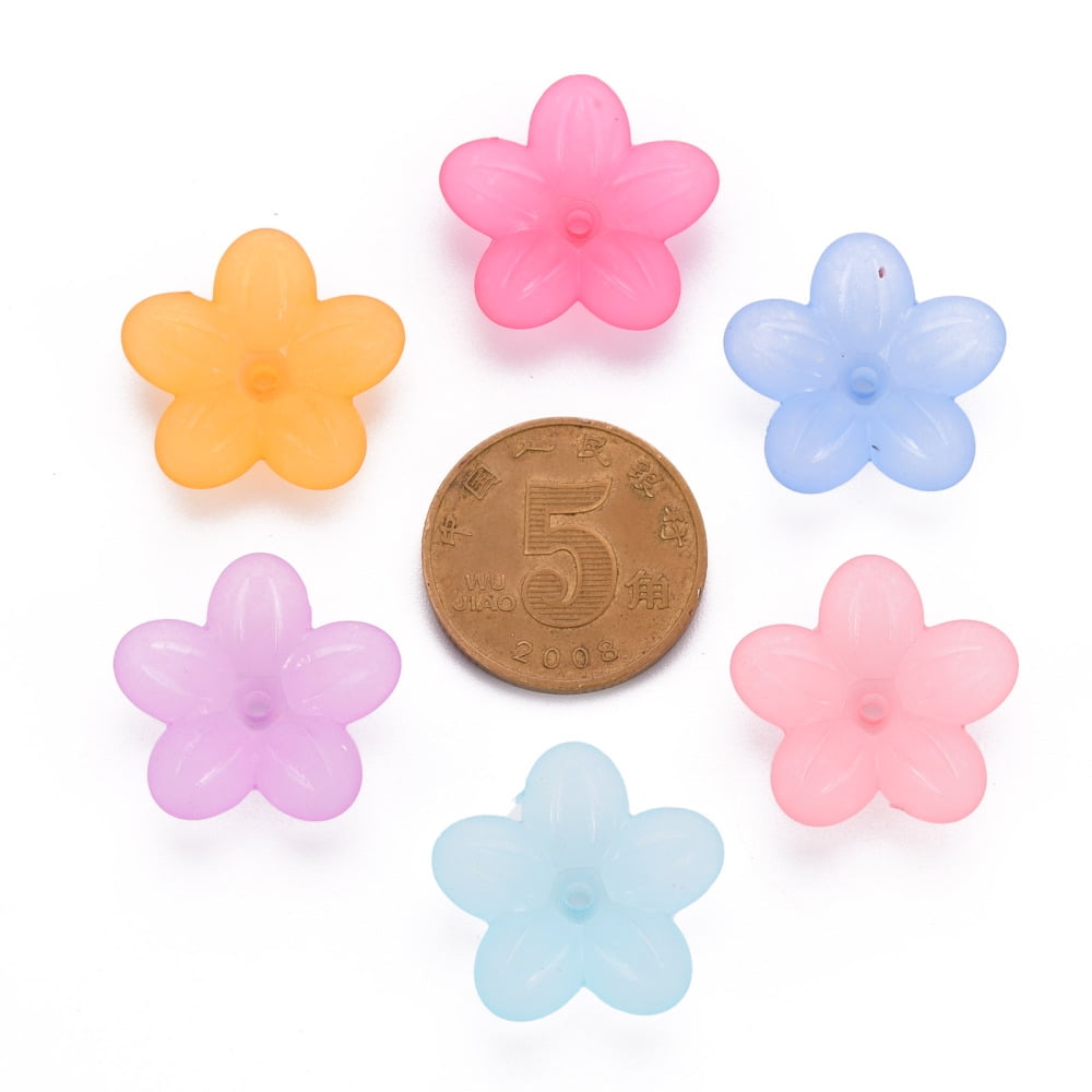 500g Frosted Acrylic Bead Caps 5-Petal Flower Mixed Color 19.5x20x5.5mm Hole: 1.6mm 740pcs/500g