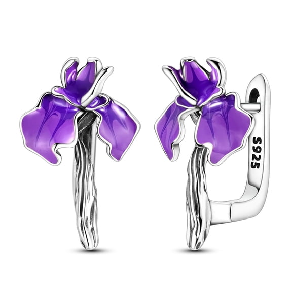 MULA 925 Sterling Silver Iris Button Hoop Earrings for Women, Purple Enamel Hypoallergenic Jewelry Gift with Box