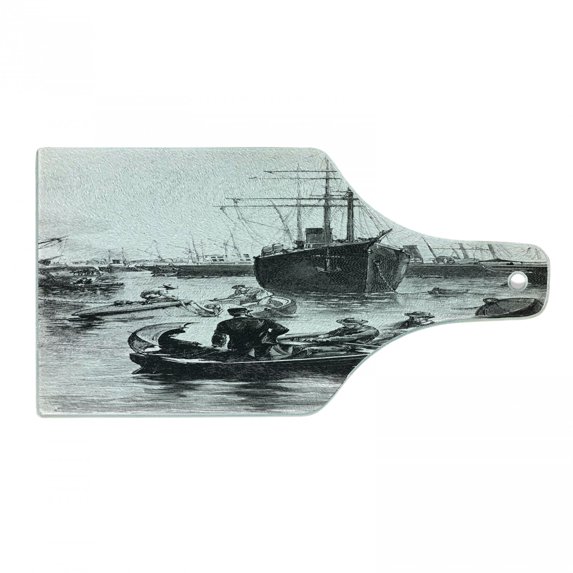 Vintage Boat Cutting Board, San Diego Port Vintage Picture with Ships and Sailboats Old Times Art, Tempered Glass Cutting and Serving Board, Wine Bottle Shape, Black and White, by Ambesonne