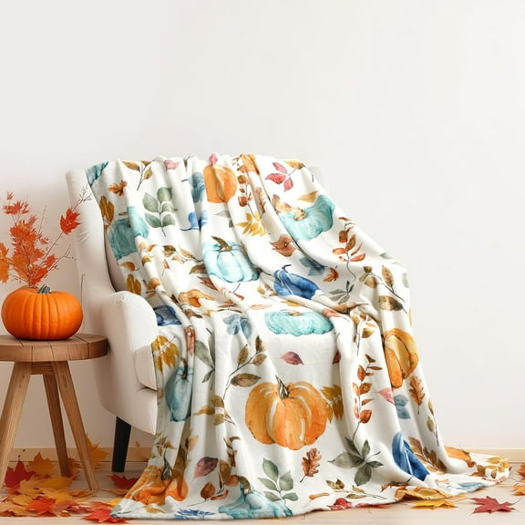 Fall Pumpkin Throw Blanket Watercolor Leaves Plush Flannel Blanket Soft Fall Harvest Cozy Throw for Home Couch Bed Sofa Thanksgiving Holiday Decorations, 50 x 60 Inches(Orange and Blue)