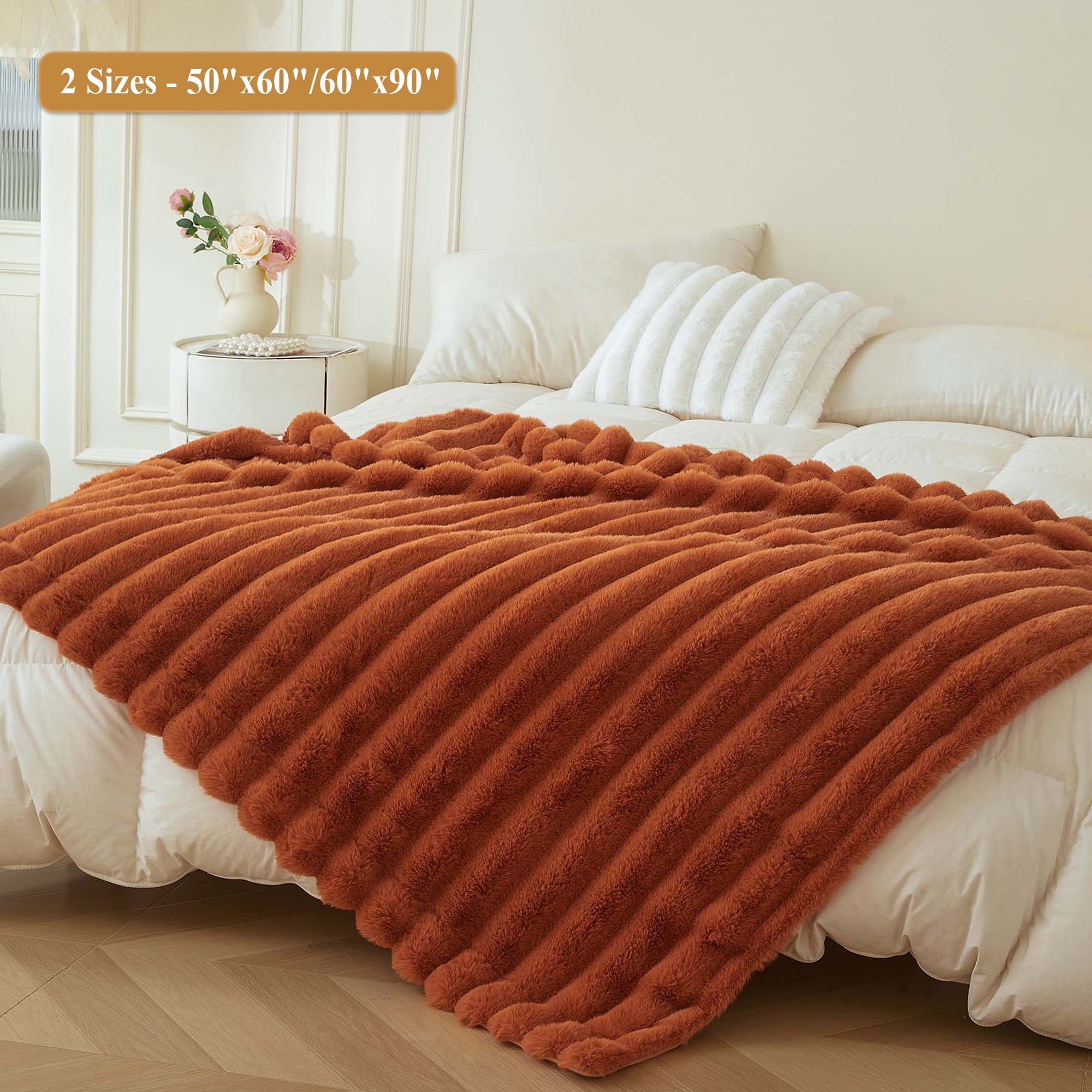XeGe Fluffy Faux Rabbit Fur Throw, Luxury Stripe Plush Fuzzy Blanket for Bed Couch Sofa Chair, Decorative Shaggy Throw Bedroom Living Room, Furry Blanket Kids Girls Teens Adults, 50x60, Burnt Orange