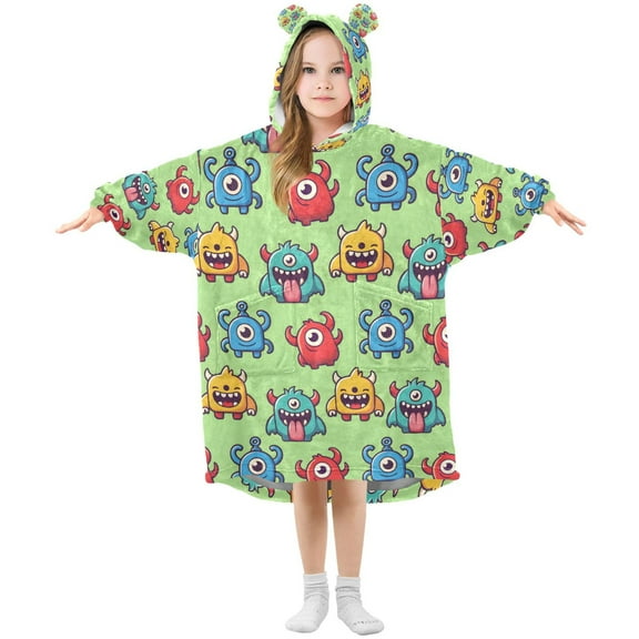 FORMRS Wearable Blanket Hoodie with Sleeves for Kids Cozy Flannel Sweatshirt, Cute Monsters Pattern