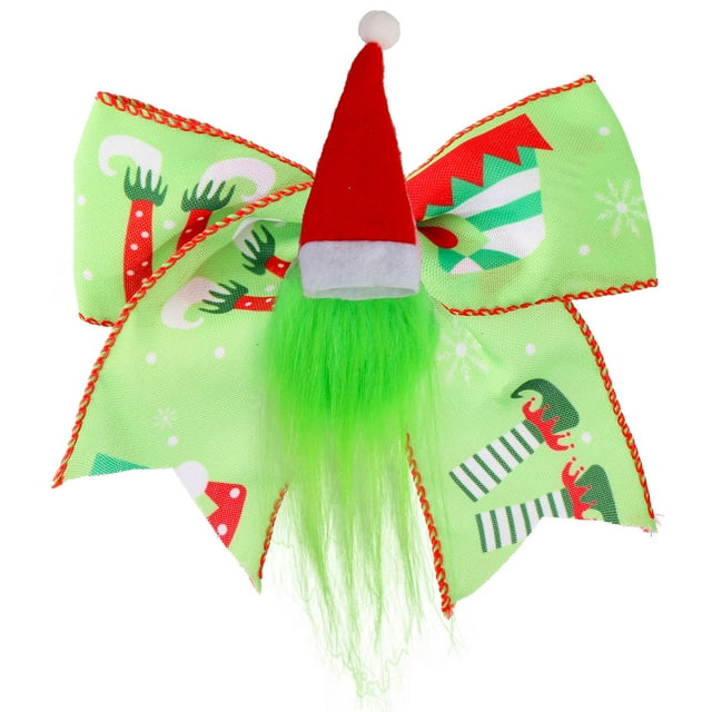 Christmas Bow Decoration With Santa Hat Green Festive Hanging Ornament For Tree Wreath Or Gift Wrapping