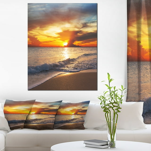 Yellow Sunset over Gloomy Beach - Modern Beach Canvas Art Print