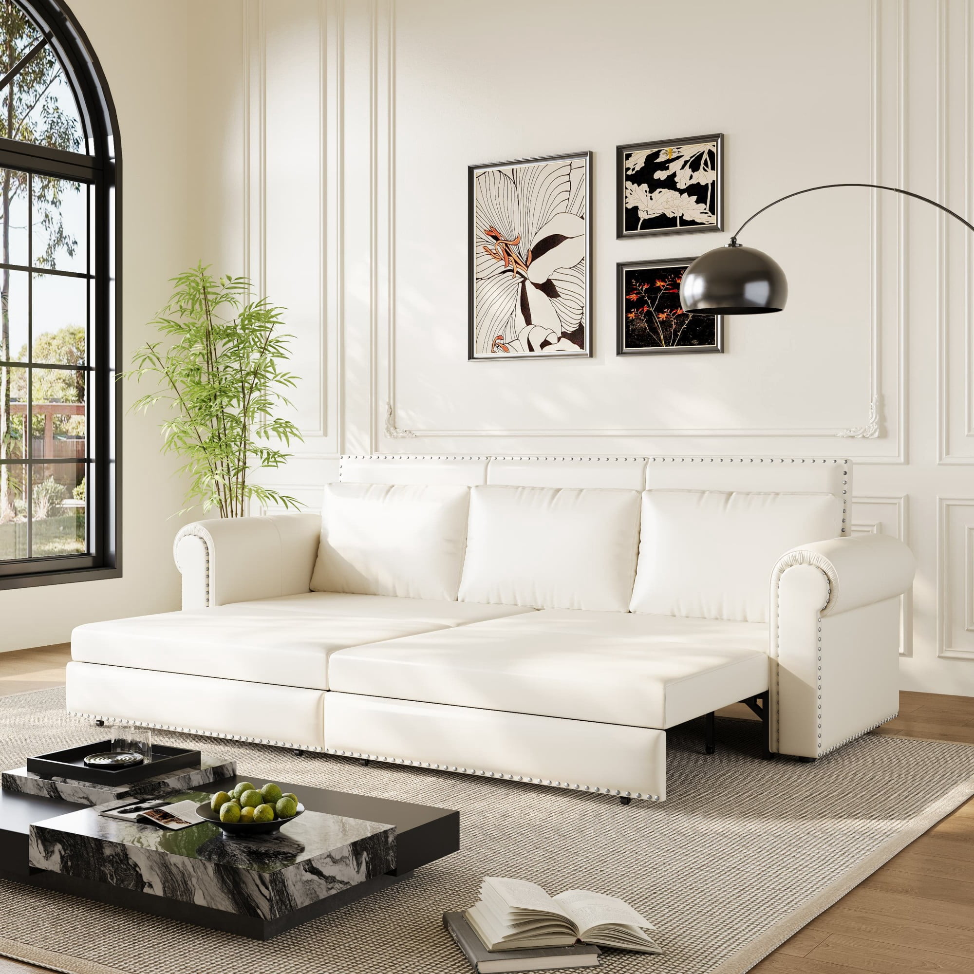 LLappuil King Size Pull Out Sofa Bed, Oversized Loveseat Sofa Convertible Sleeper Sofa Bed, Faux Leather Sofa Couch for Living Room Apartment Beige