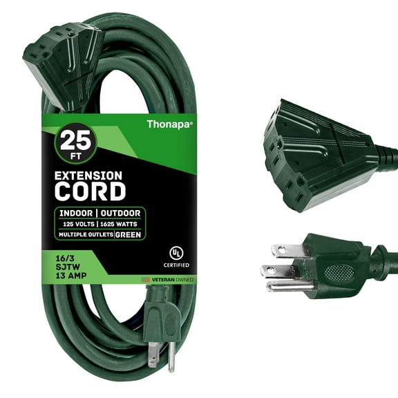 Thonapa Weatherproof Green Extension Cord 25 ft 3 Outlets, 16/3 SJTW Outdoor Extension Cord with Multiple Outlets 25 Foot, 13 AMP Exterior Electric Cable 3 Way Plug for for Outdoor Lights Landscaping