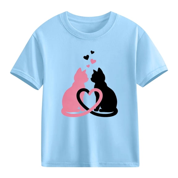 Girls Cat Heart T-Shirt Cute Kids Valentine Graphic Tee Blue Short Sleeve Cotton Top Soft Crewneck Animal Print,Size 9 T