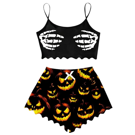 MEZZALL Women Sleeveless Halloween Print Pajama Spaghetti Strap Skeleton Hand Graphic Crop Cami Sleep Tops With Shorts Comfortable Nightwear For Cozy Home Sleepwear Breathable 2 Piece Pjs