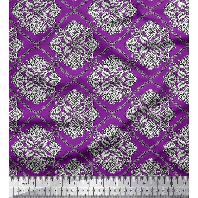 Soimoi Poly Georgette Fabric Damask,Leaves & Floral Block Printed Fabric 1 Yard 42 Inch Wide