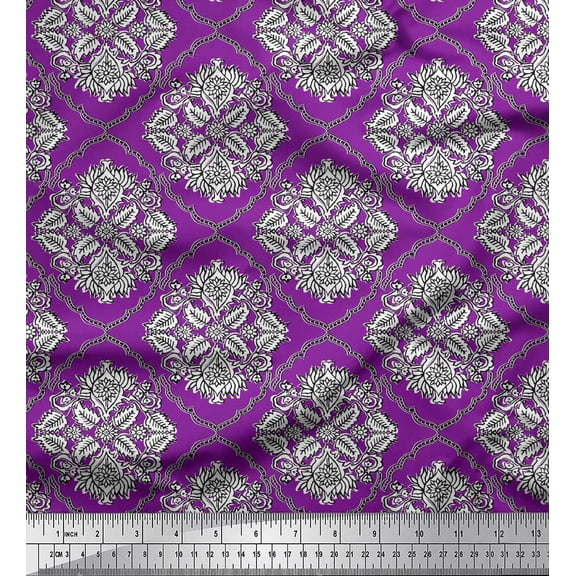 Soimoi Silk Fabric Damask,Leaves & Floral Block Print Sewing Fabric Yard 42 Inch Wide