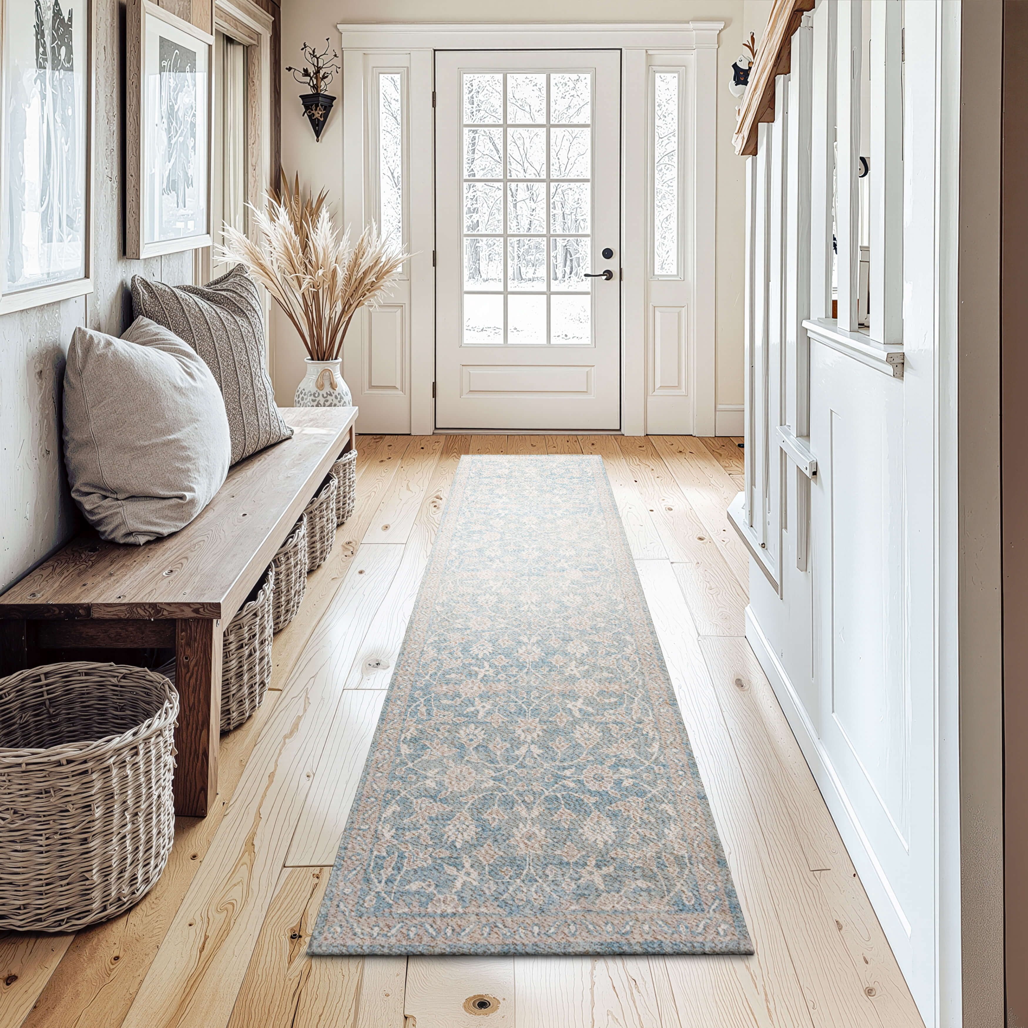Mainstays Zula Jardin Low Pile Stain/Fade Resistant Polyester Indoor Runner Rug, Blue, 2'6" x 7'