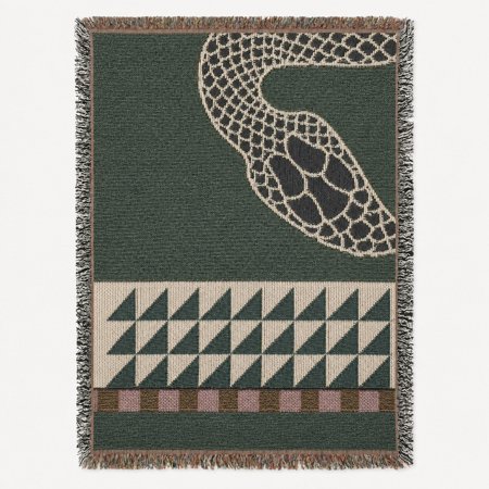 Geometric Serpent Forest Green Woven Throw Blanket 100% Cotton Modern Home Decor