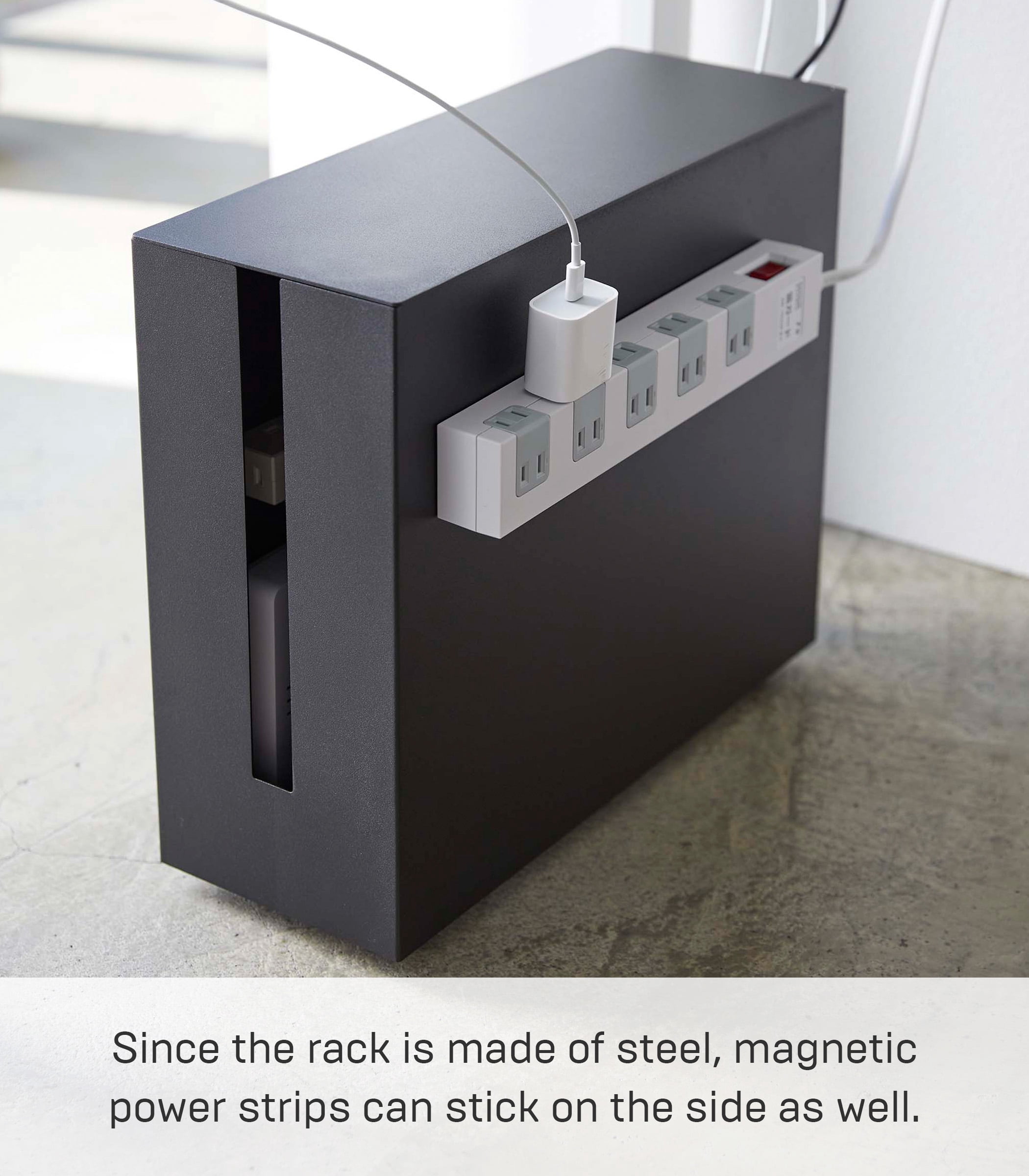 Yamazaki Home Rolling Cable Management Box, Black, Steel, Wheels, Minimal Assembly
