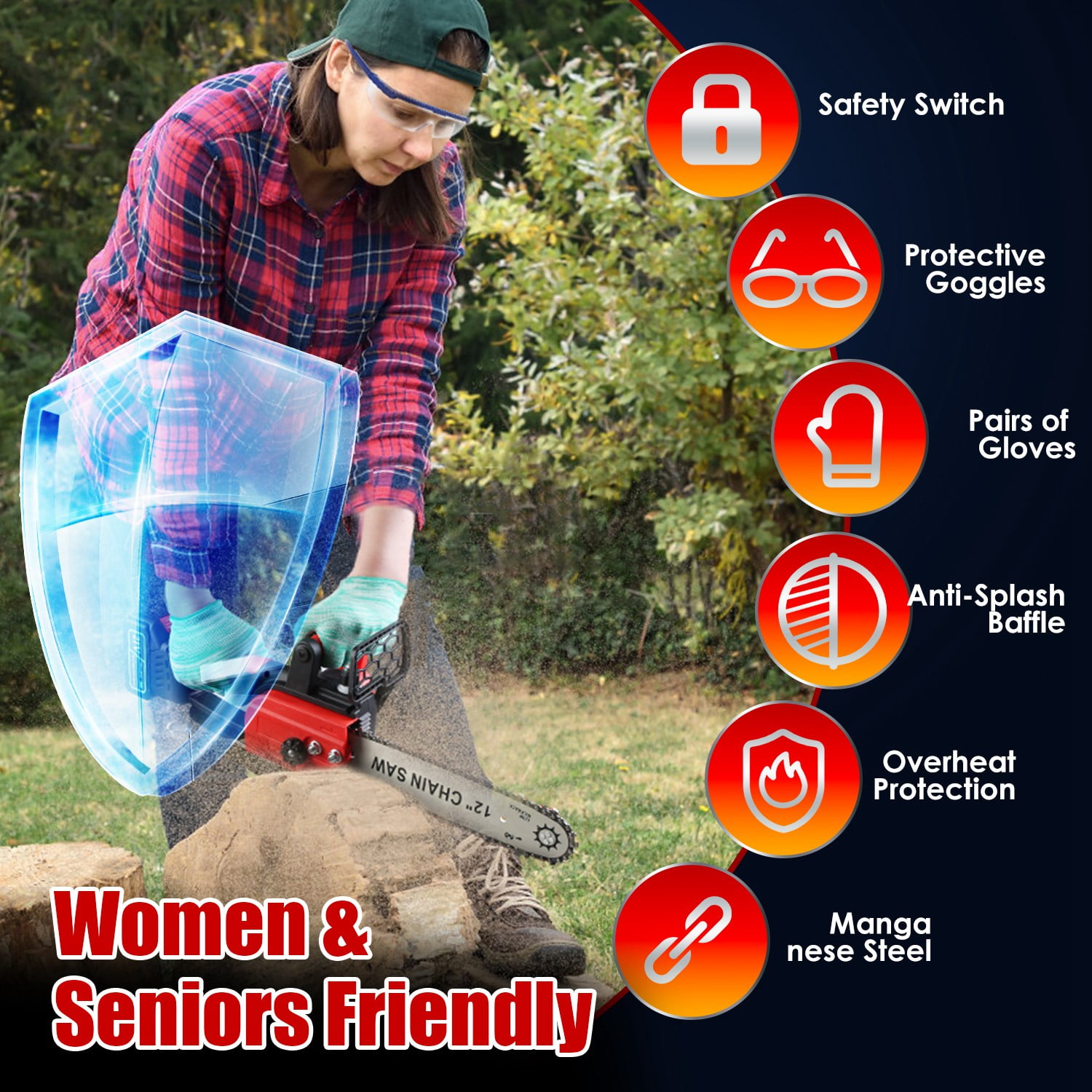 Moclever Cordless Electric Chainsaw, 12 Inch Brushless Handheld Chainsaw with 2Pcs 21V 3.0Ah Battery and Charger, Auto-Oiler, Safety Switch for Tree Trimming Wood Cutting