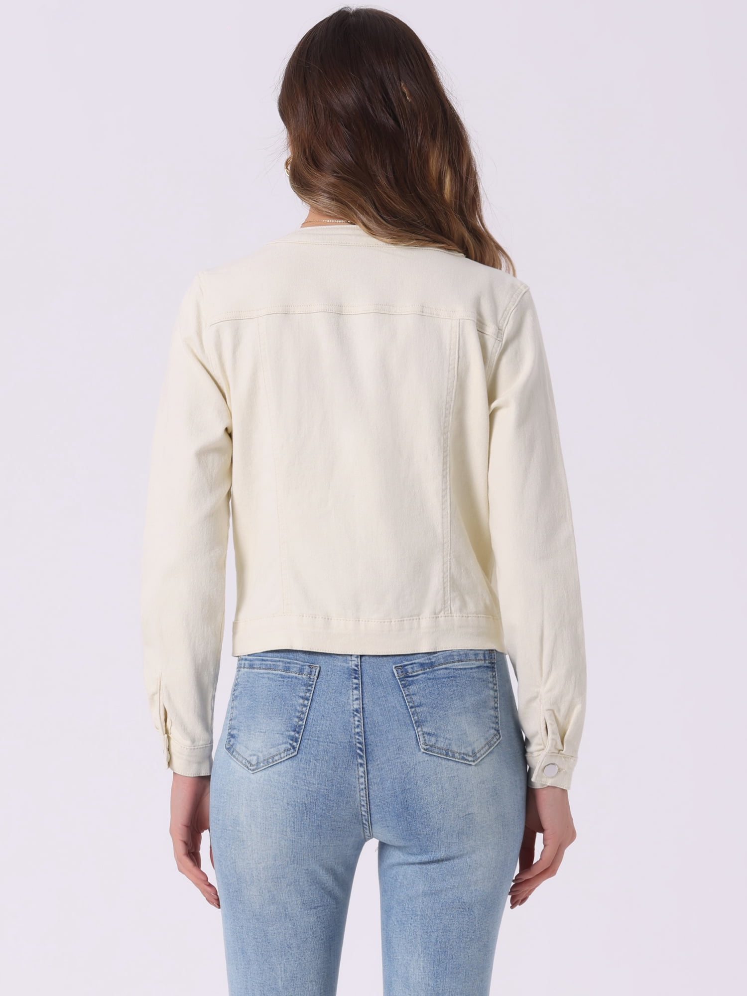 DARING DIVA Women's Button Down Collarless Cropped Denim Jacket S Beige