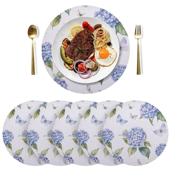 Round Placemats Plate Mats 15 Inch Non-Slip Heat Resistant Washable PVC Set Table Decoration for Kitchen Dining Blue Hydrangea