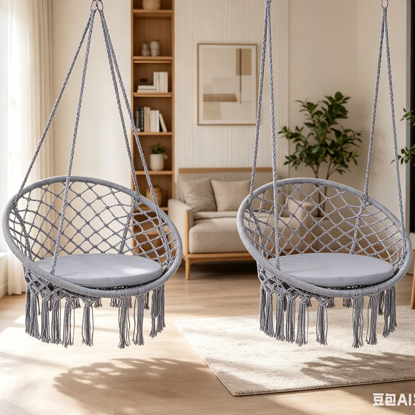 Hommoo Macrame Swing Chair Hammock Chair with Round Cushion Seat, Handmade Knitted Relax Hanging Cotton Rope Chair for Home, Gray