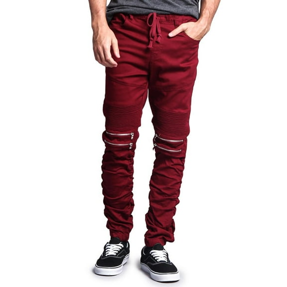 Victorious Men's Scrunch Stacked Biker Twill Jogger Pants JG882 - Burgundy - Large