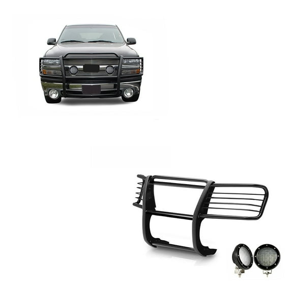 Black Horse Grille brush Bumper Guard Modular Black Come with Pair of 5.3"LED Lights Compatible with 1999-2002 Silverado 1500|2000-2006 Suburban 1500/Tahoe/Yukon/Yukon XL 1500-17GT23MA-PLFB