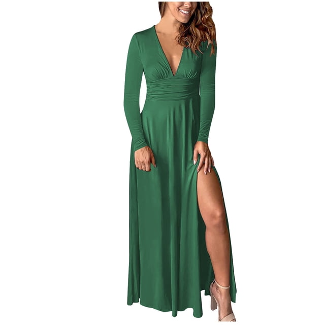 cfhntfmh Robes de Cocktail pour Femmes Aguichant à Col en V à Manches Longues Robe Maxi Plissée Élégante avec Fente Haute sur le Côté Robe de Soirée