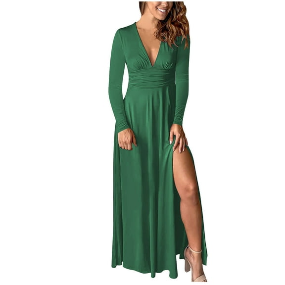 Odeerbi Solid Color Dress for Women 2025 Fashion Solid Color V-Neck Long Ankle Sleeve High Waist Dress Skirt Green
