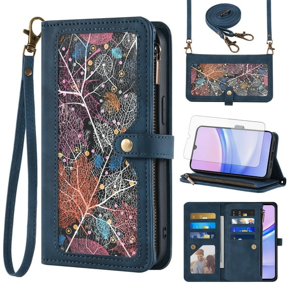Asuwish Phone Case for Samsung Galaxy A15 5G/4G Wallet Cover With Tempered Glass Screen Protector Crossbody Wrist Strap Flip Pattern Zipper Credit Card Holder Stand Cell A 15 G5 15A Women Men Blue