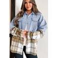 thumbnail image 4 of I AM A FASHION JUNKY Khaki Plaid Patchwork Buttoned Oversized Denim Jacket (Khaki, XL, 75%Cotton+25%Polyester), 4 of 8