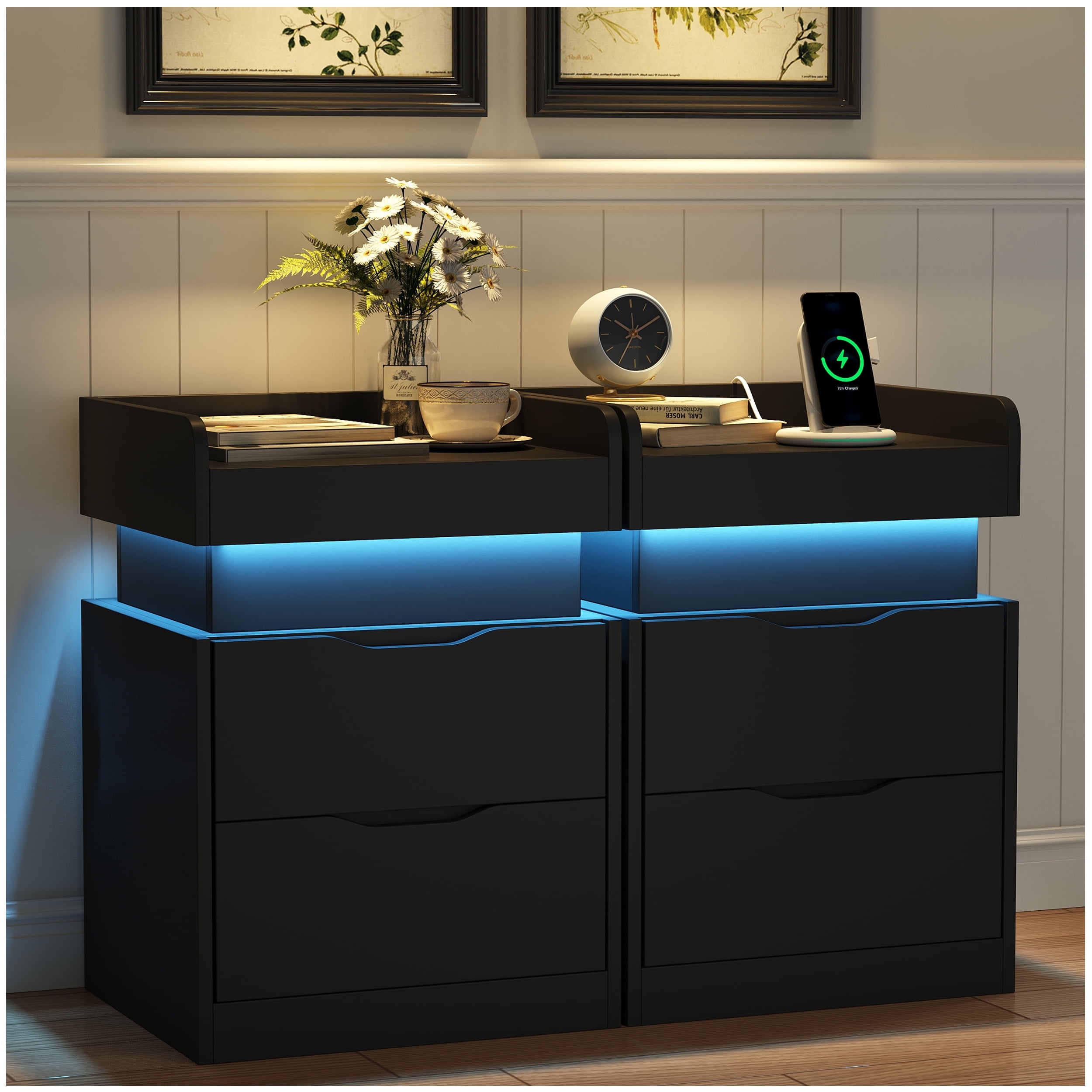 IDEALSOUL Black Nightstand Set of 2 with Charging Station, LED Nightstand with 3 Hidden Drawer, Modern Bedside Table End Side Table Nightstands for Bedroom Living Room