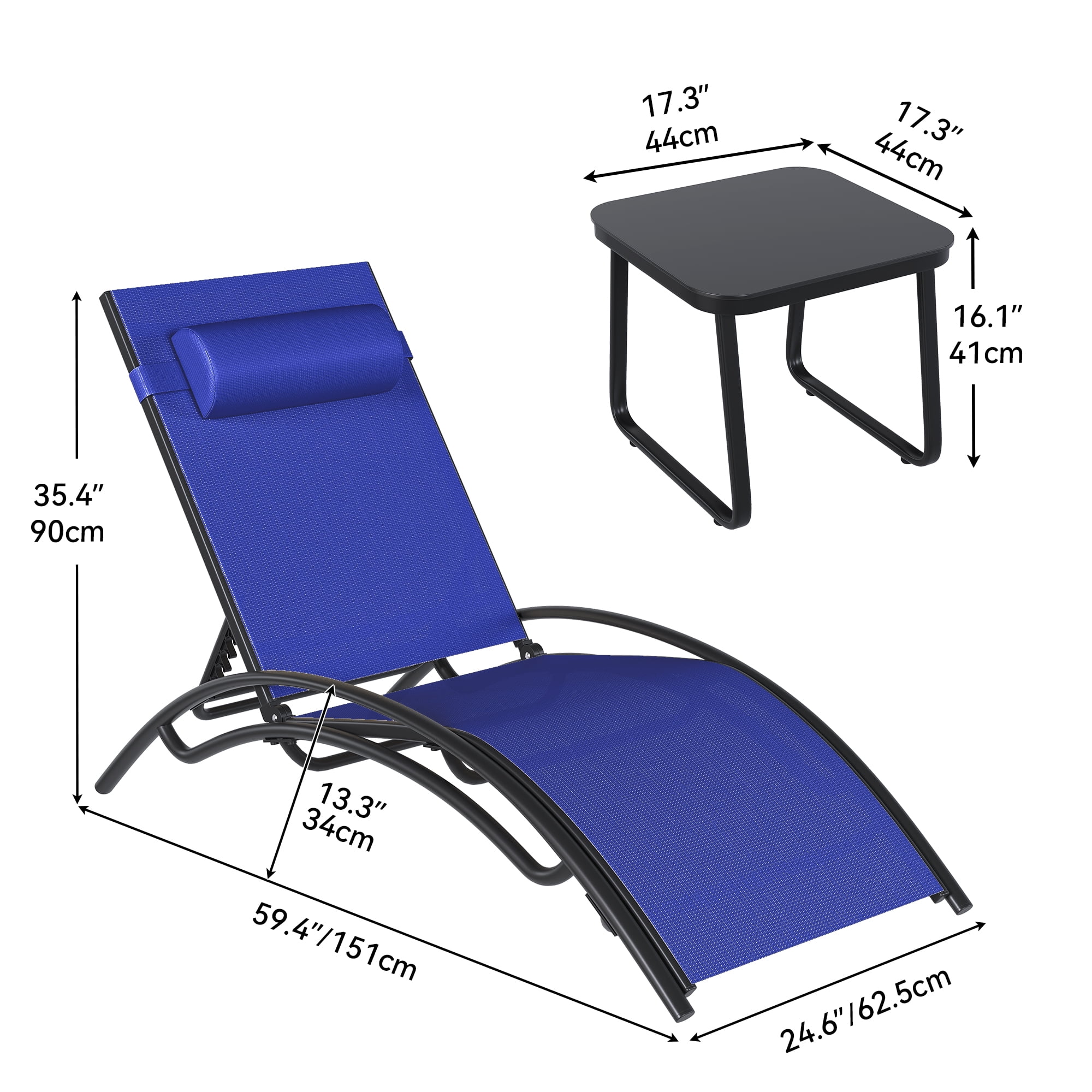 Uforic 3 Pcs Paito Outdoor Chaise Lounge Chair,Folding & Adjustable Reclining Armrest Pool Blue