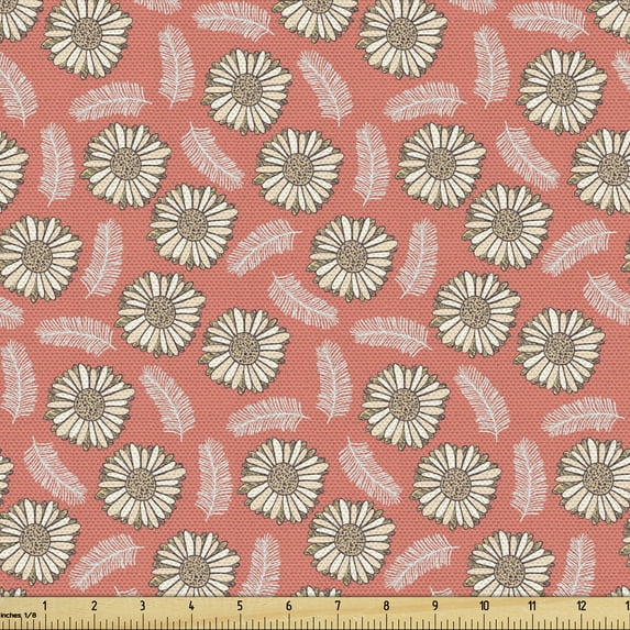 Botanical Sofa Upholstery Fabric by the Yard, Floral Theme Along Romantic Flowers and White Leaves Pattern on Coral Backdrop, Decorative Fabric for DIY and Home Accents, Multicolor by Ambesonne