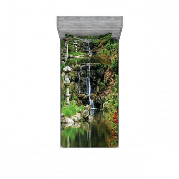 Japanese Bedding Set with Sheet & Covers, Cascading Waterfall Pond Under Bridge Reflections of Flowers in Water Pattern, Printed Bedroom Decor 2 Shams, 4 Sizes, Green White, by Ambesonne