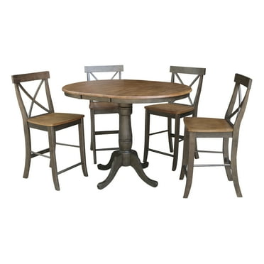 International Concepts 5-Piece Solid Wood Counter Height Dining Set with 36" Round Extension Table and Four Cross Back Stools, Hickory/Washed Coal