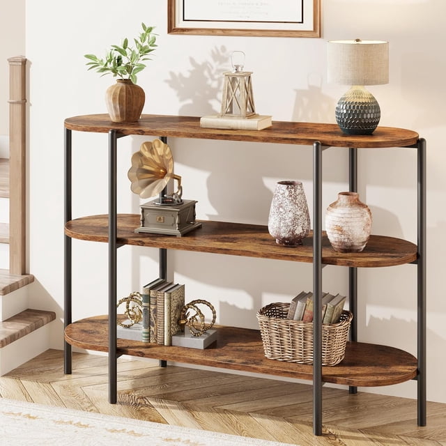 IdeaHouse 47.2" Console Table, 3 Tier Industrial Metal Sofa Table, Behind Couch Table, Farmhouse Hallway Table for Entry, Living Room, Kitchen, and Dining Room-Rustic Brown