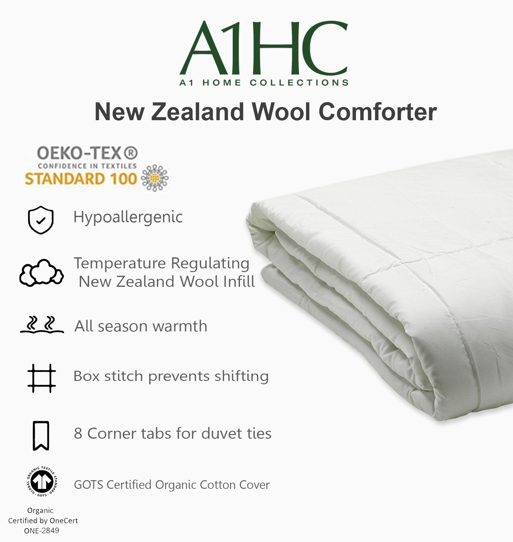 All Season 100% New Zealand Wool Fill Duvet Insert 400 GSM Fill Weight 233TC Certified Organic Cotton Cover 8 corner tabs
