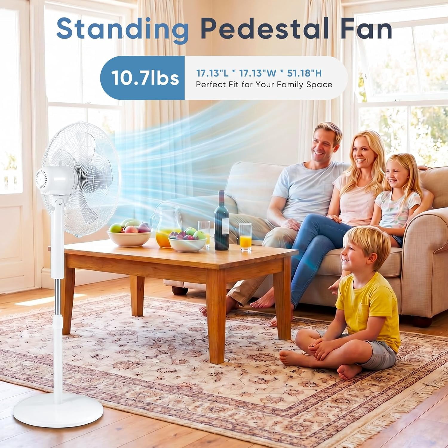 Oscillating Pedestal Stand Fan with Remote, 3 Speed Powerful Airflow Adjustable Height, 3 Speed & 3 Wind Modes,80°Angle Floor Cooling Fan for Bedroom Office, White