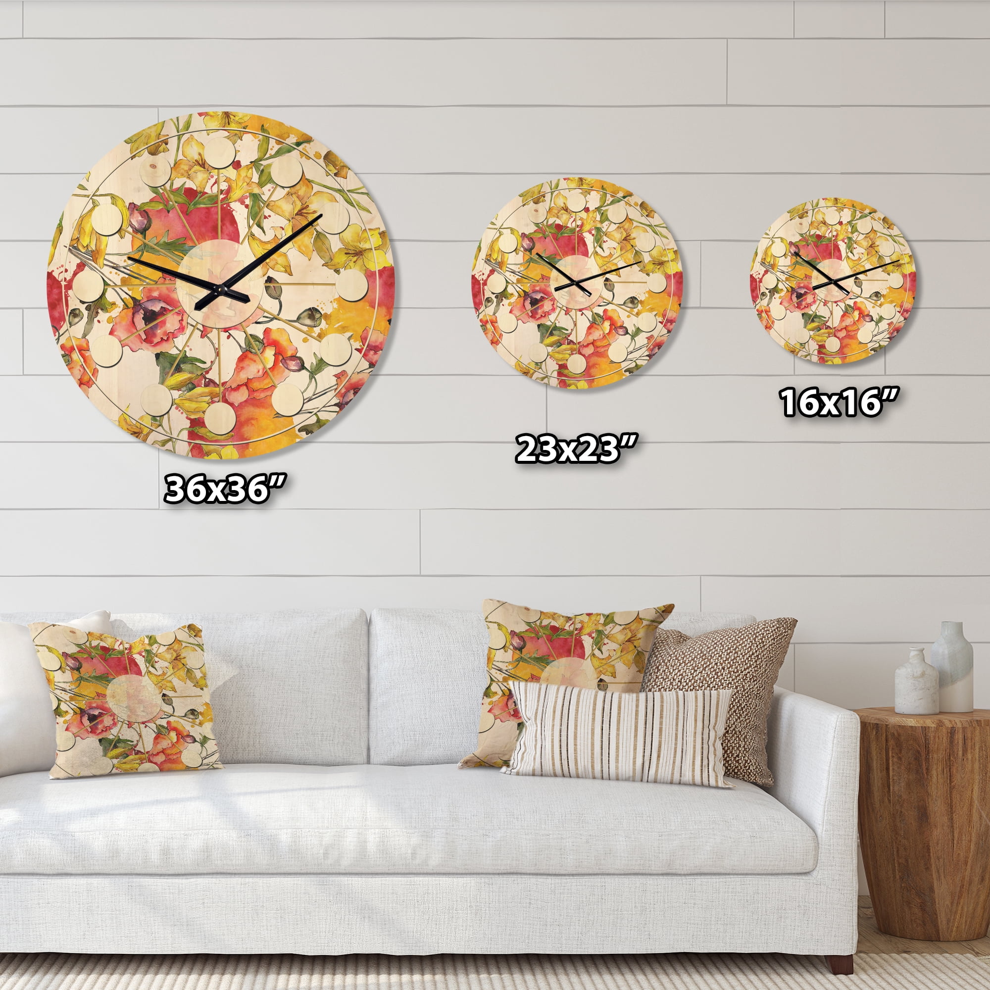 Designart 'Retro Abstract Poppies IV' Mid-Century Modern Wood Wall Clock